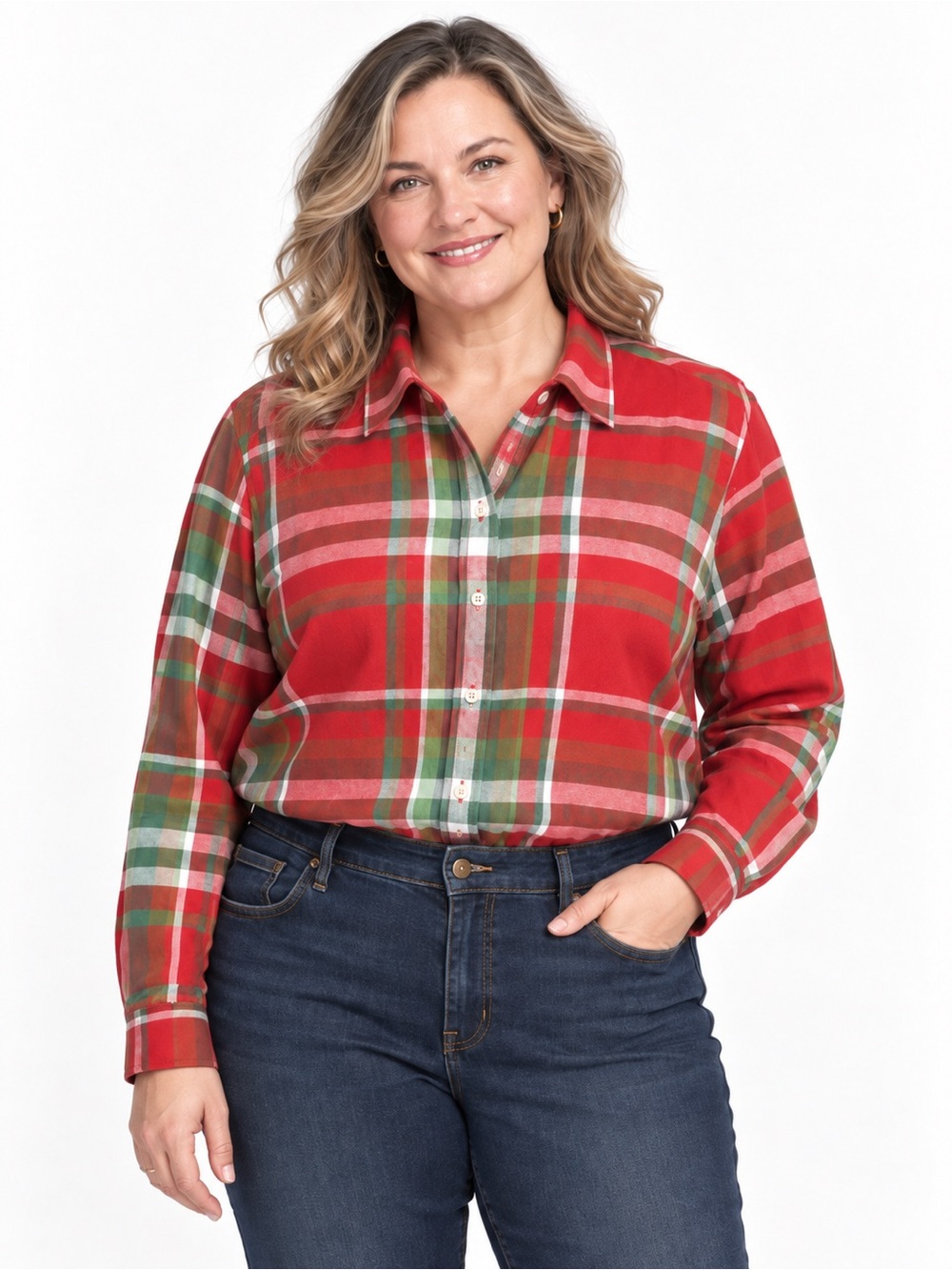Lands’ End Women’s Red Green Plaid Flannel Button Down Shirt Plus 1X Holiday